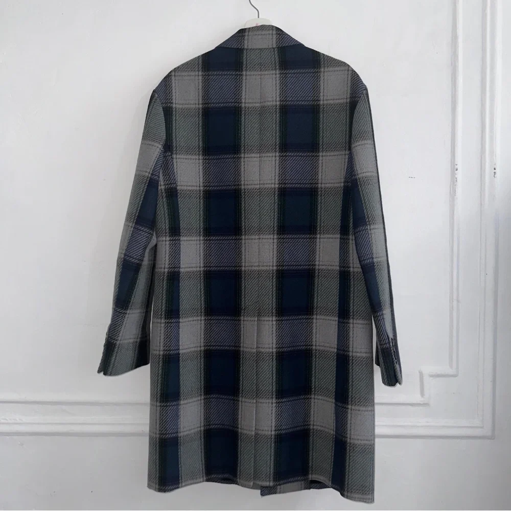 Acne Studios Oversized Plaid Wool Blend Coat in Navy, Grey & Green size US38
